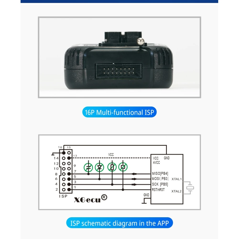 Vista frontal del programador universal USB XGecu T48