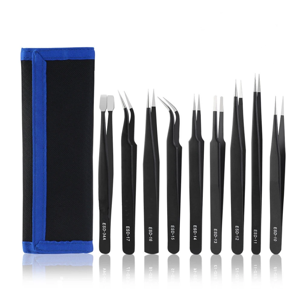 9pc Stainless Steel Precision Tweezers Set with Anti-static Coating TSX TOOL