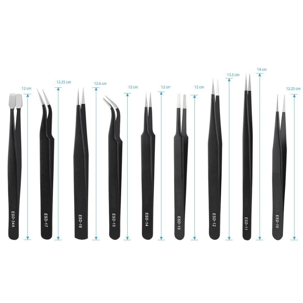 Detalle de puntas de pinzas antiestáticas de acero inoxidable color negro