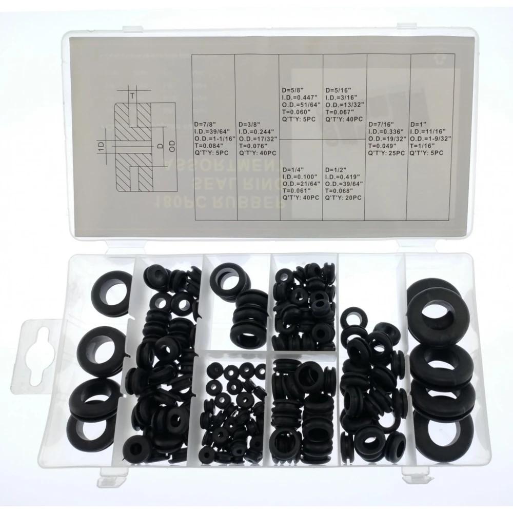 180-Piece Cable Grommet Set with 8 Sizes in organiser box