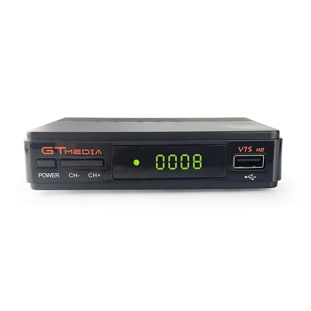 Vista frontal del receptor satélite GTMEDIA Freesat V7S HD con conexiones USB
